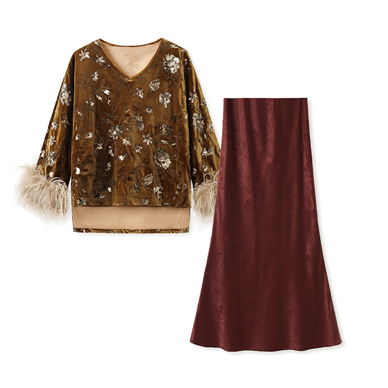 Silk Blouse - Ensemble chemisier à manchette en plumes