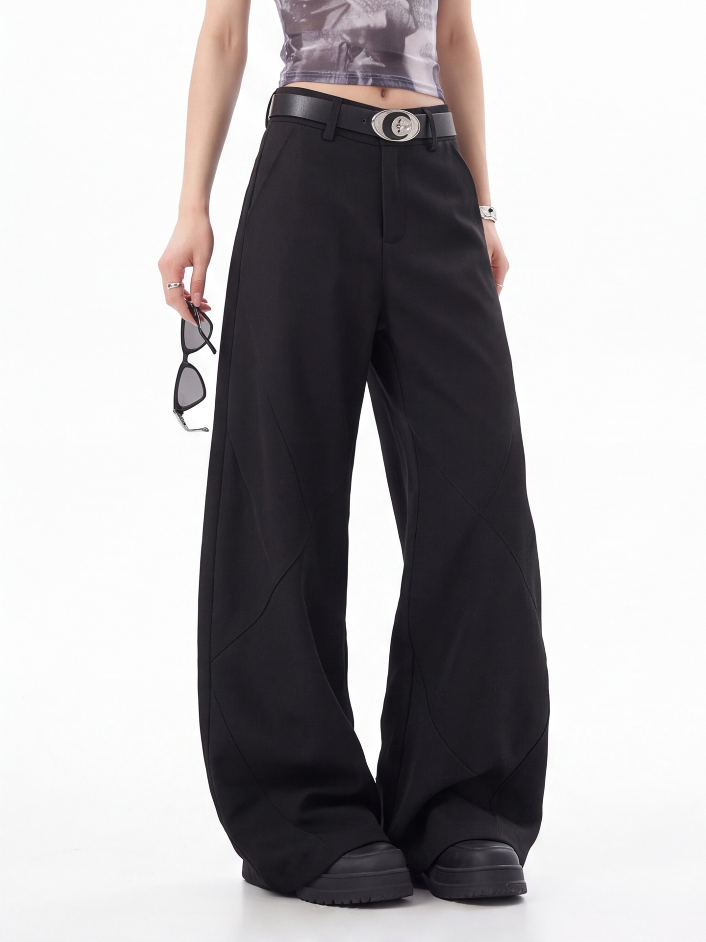 Tailored Trouser Wide - Pantalon noir taille haute pour femme,